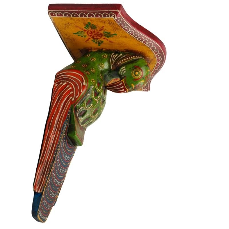 Multi Color Hand Embossed Parrot Bird Wooden Wall Shelf
