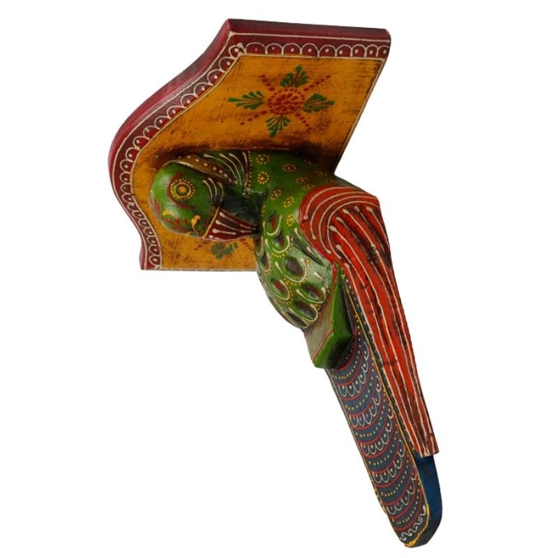 Multi Color Hand Embossed Parrot Bird Wooden Wall Shelf