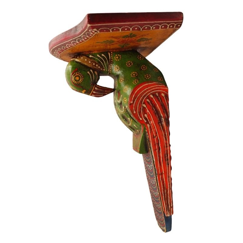 Multi Color Hand Embossed Parrot Bird Wooden Wall Shelf