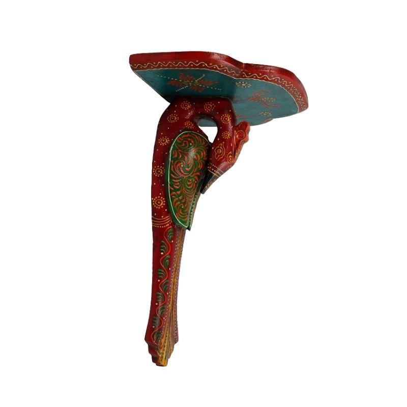 Multi Color Hand Embossed Peacock Bird Wooden Wall Shelf