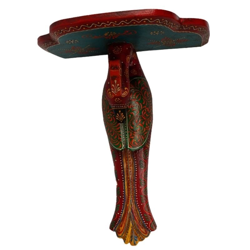 Multi Color Hand Embossed Peacock Bird Wooden Wall Shelf