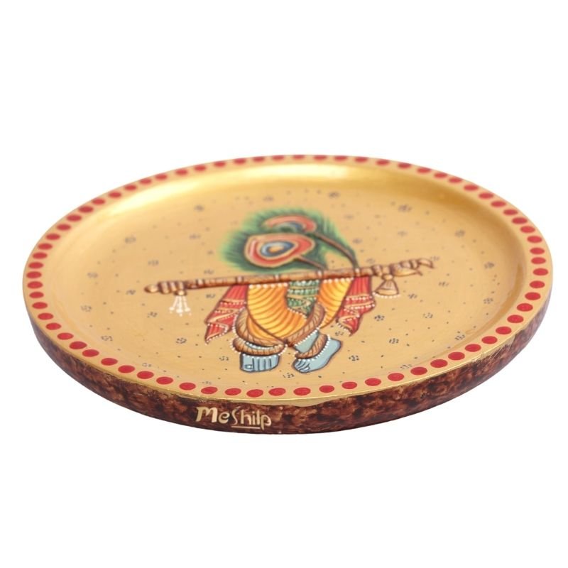 Wooden Hand Painted Decorative Lord Krishna Foot Painting Wooden Plate