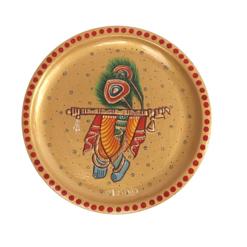 Wooden Hand Painted Decorative Lord Krishna Foot Painting Wooden Plate