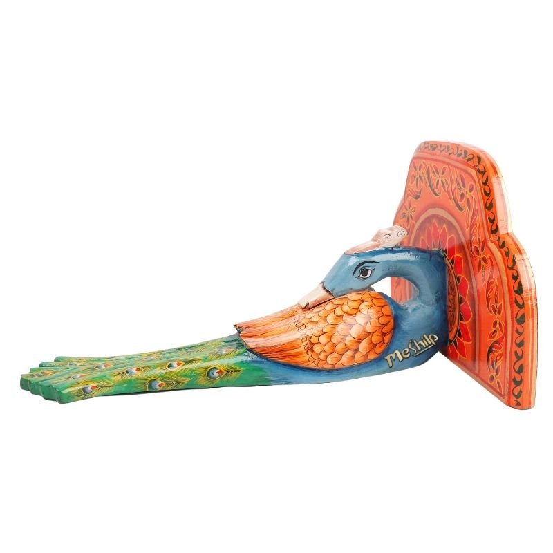 Multi Color Hand Embossed Peacock Bird Wooden Wall Shelf
