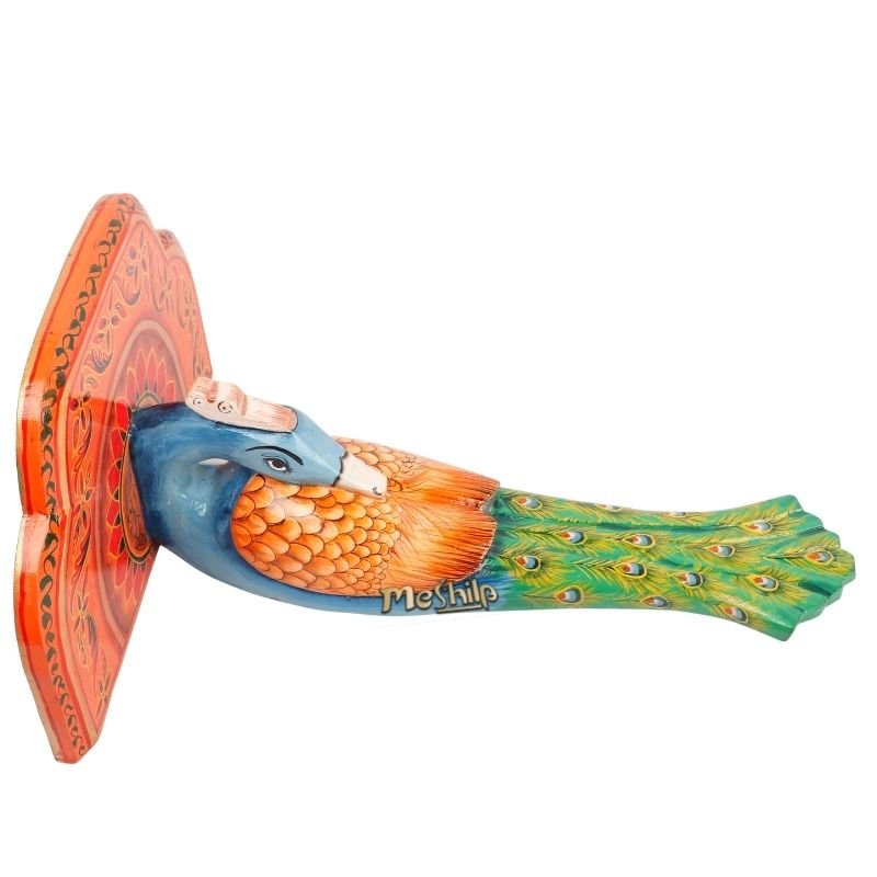 Multi Color Hand Embossed Peacock Bird Wooden Wall Shelf