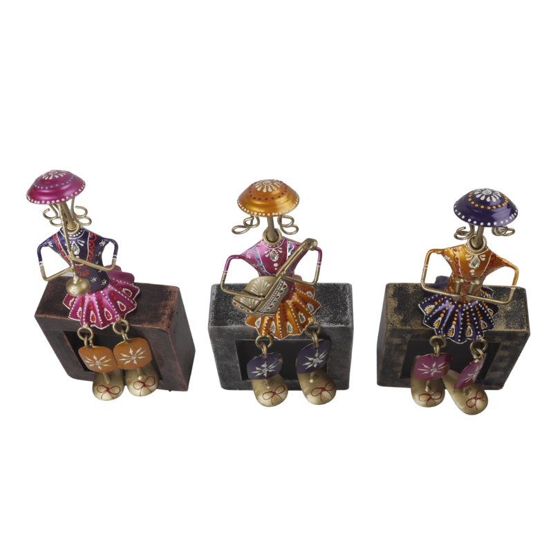 Iron Multi Color Decorative Leady Musician Show piece for home,Office Decor, Set of 3 With Wooden Stand