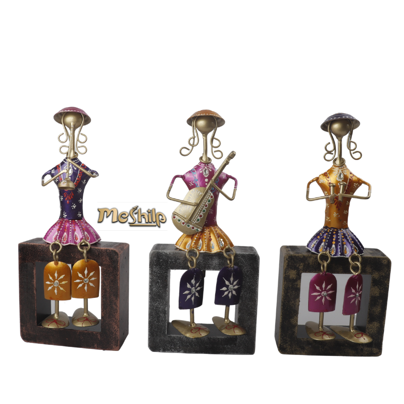 Iron Multi Color Decorative Leady Musician Show piece for home,Office Decor, Set of 3 With Wooden Stand