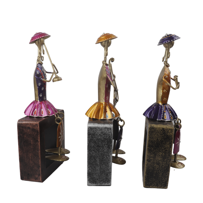 Iron Multi Color Decorative Leady Musician Show piece for home,Office Decor, Set of 3 With Wooden Stand